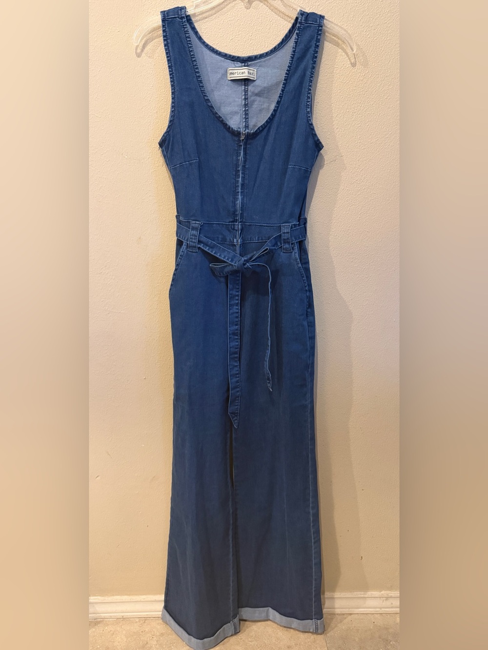 American Bazi Wide Leg Denim Jumpsuit Tie Waist Sleeveless Size Small